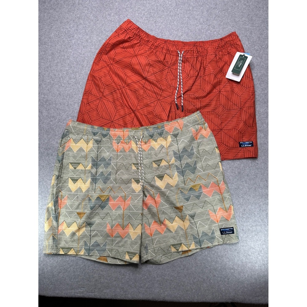 L.L. Bean Mens XXL Swim Trunks Bundle 2 Pairs Orange Geometric Tribal Quick Dry